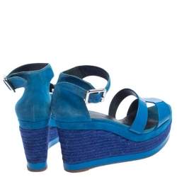 Pre Owned Hermes Blue Suede And Patent Leather Ilana Espadrille Wedge Sandals Size 38