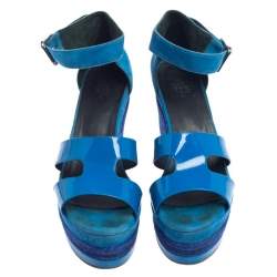 Pre Owned Hermes Blue Suede And Patent Leather Ilana Espadrille Wedge Sandals Size 38