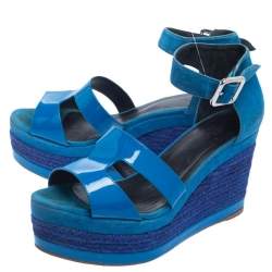 Pre Owned Hermes Blue Suede And Patent Leather Ilana Espadrille Wedge Sandals Size 38
