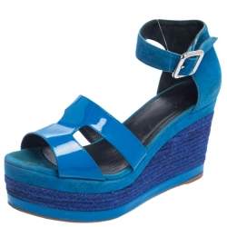 Pre Owned Hermes Blue Suede And Patent Leather Ilana Espadrille Wedge Sandals Size 38