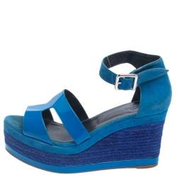 Pre Owned Hermes Blue Suede And Patent Leather Ilana Espadrille Wedge Sandals Size 38