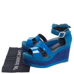 Pre Owned Hermes Blue Suede And Patent Leather Ilana Espadrille Wedge Sandals Size 38