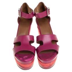 Pre Owned Hermes Pink Leather Ilana Espadrille Wedge Sandals Size 39