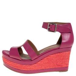 Pre Owned Hermes Pink Leather Ilana Espadrille Wedge Sandals Size 39