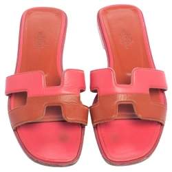 Pre Owned Hermes Two Tone Leather Oran Flats Size 36