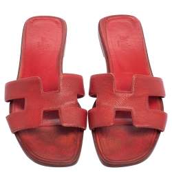 Pre Owned Hermes Rouge Taurillon Clemence Leather Oran Flats Size 40