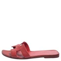Pre Owned Hermes Rouge Taurillon Clemence Leather Oran Flats Size 40