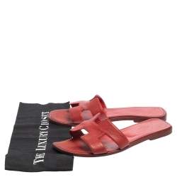 Pre Owned Hermes Rouge Taurillon Clemence Leather Oran Flats Size 40