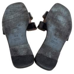 Hermes Black Patent Leather Oran Flat Slides Size 39.5