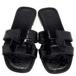 Pre Owned Hermes Black Patent Ostrich Leather Oran Flat Slides Size 38