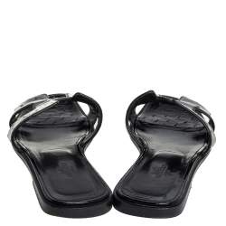 Pre Owned Hermes Black Patent Ostrich Leather Oran Flat Slides Size 38