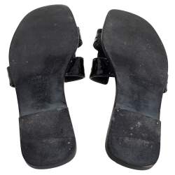 Pre Owned Hermes Black Patent Ostrich Leather Oran Flat Slides Size 38