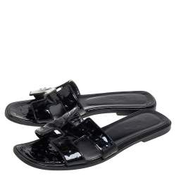 Pre Owned Hermes Black Patent Ostrich Leather Oran Flat Slides Size 38