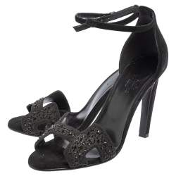 Pre Owned Hermes Black Suede And Crystal Embellished Premiere Ankle Strap Sandals Size 37