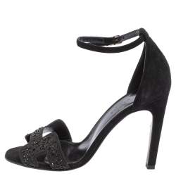 Pre Owned Hermes Black Suede And Crystal Embellished Premiere Ankle Strap Sandals Size 37