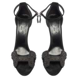 Pre Owned Hermes Black Suede And Crystal Embellished Premiere Ankle Strap Sandals Size 37