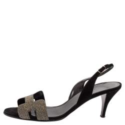 Pre Owned صندل هيرمس نايت سويدي أسود وغليتر فضي حزام للكاحل مقاس 38 
