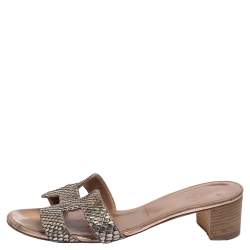 Pre Owned Hermes Metallic Python Leather Oasis Slide Sandals Size 39.5