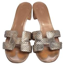 Pre Owned Hermes Metallic Python Leather Oasis Slide Sandals Size 39.5