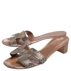 Pre Owned Hermes Metallic Python Leather Oasis Slide Sandals Size 39.5
