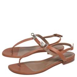 Pre Owned Hermes Brown Leather Olivia Thong Sandals Size 37.5