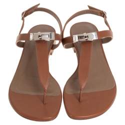 Pre Owned Hermes Brown Leather Olivia Thong Sandals Size 37.5