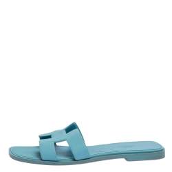 مملوكة مسبقًا Hermes Blue Leather Oran Sandals Size 38.5