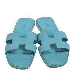 مملوكة مسبقًا Hermes Blue Leather Oran Sandals Size 38.5