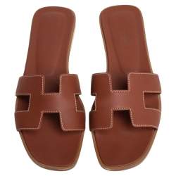 Pre Owned Hermes Brown Leather Oran Sandals Size 37.5