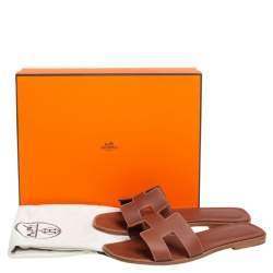 Pre Owned Hermes Brown Leather Oran Sandals Size 37.5