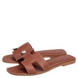 Pre Owned Hermes Brown Leather Oran Sandals Size 37.5