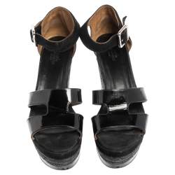Hermes Black Patent Leather And Suede Ilana Espadrille Wedge Sandals Size 39