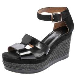Hermes Black Patent Leather And Suede Ilana Espadrille Wedge Sandals Size 39
