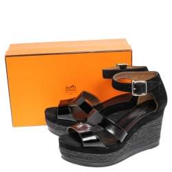 Hermes Black Patent Leather And Suede Ilana Espadrille Wedge Sandals Size 39