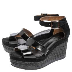 Hermes Black Patent Leather And Suede Ilana Espadrille Wedge Sandals Size 39
