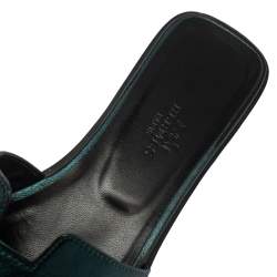 Pre Owned Hermes Metallic Dark Teal Leather Oran Sandals Size 37.5