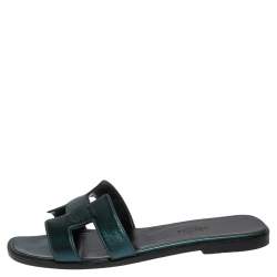 Pre Owned Hermes Metallic Dark Teal Leather Oran Sandals Size 37.5