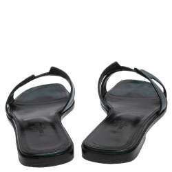 Pre Owned Hermes Metallic Dark Teal Leather Oran Sandals Size 37.5