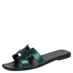Pre Owned Hermes Metallic Dark Teal Leather Oran Sandals Size 37.5