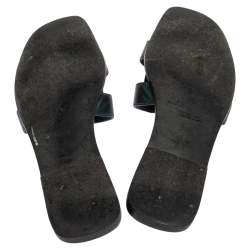 Pre Owned Hermes Metallic Dark Teal Leather Oran Sandals Size 37.5