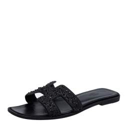 Hermes Black Crystal Embellished Suede Oran Sandals Size 39.5
