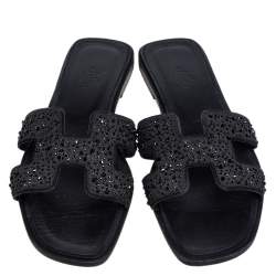 Hermes Black Crystal Embellished Suede Oran Sandals Size 39.5