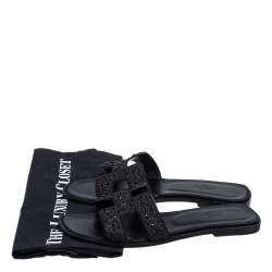 Hermes Black Crystal Embellished Suede Oran Sandals Size 39.5