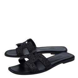 Hermes Black Crystal Embellished Suede Oran Sandals Size 39.5