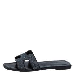 Hermés Black Crystal Embellished Suede Oran Sandals Size 39
