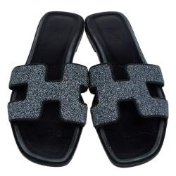 Hermés Black Crystal Embellished Suede Oran Sandals Size 39