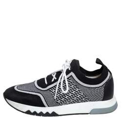 Hermes Black/White Suede And Knit Fabric Addict Sneakers Size 37
