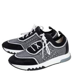 Hermes Black/White Suede And Knit Fabric Addict Sneakers Size 37