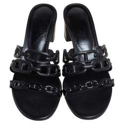 Pre Owned Hermes Black Leather Tandem Slide Sandals Size 37