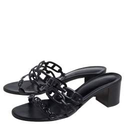 Pre Owned Hermes Black Leather Tandem Slide Sandals Size 37